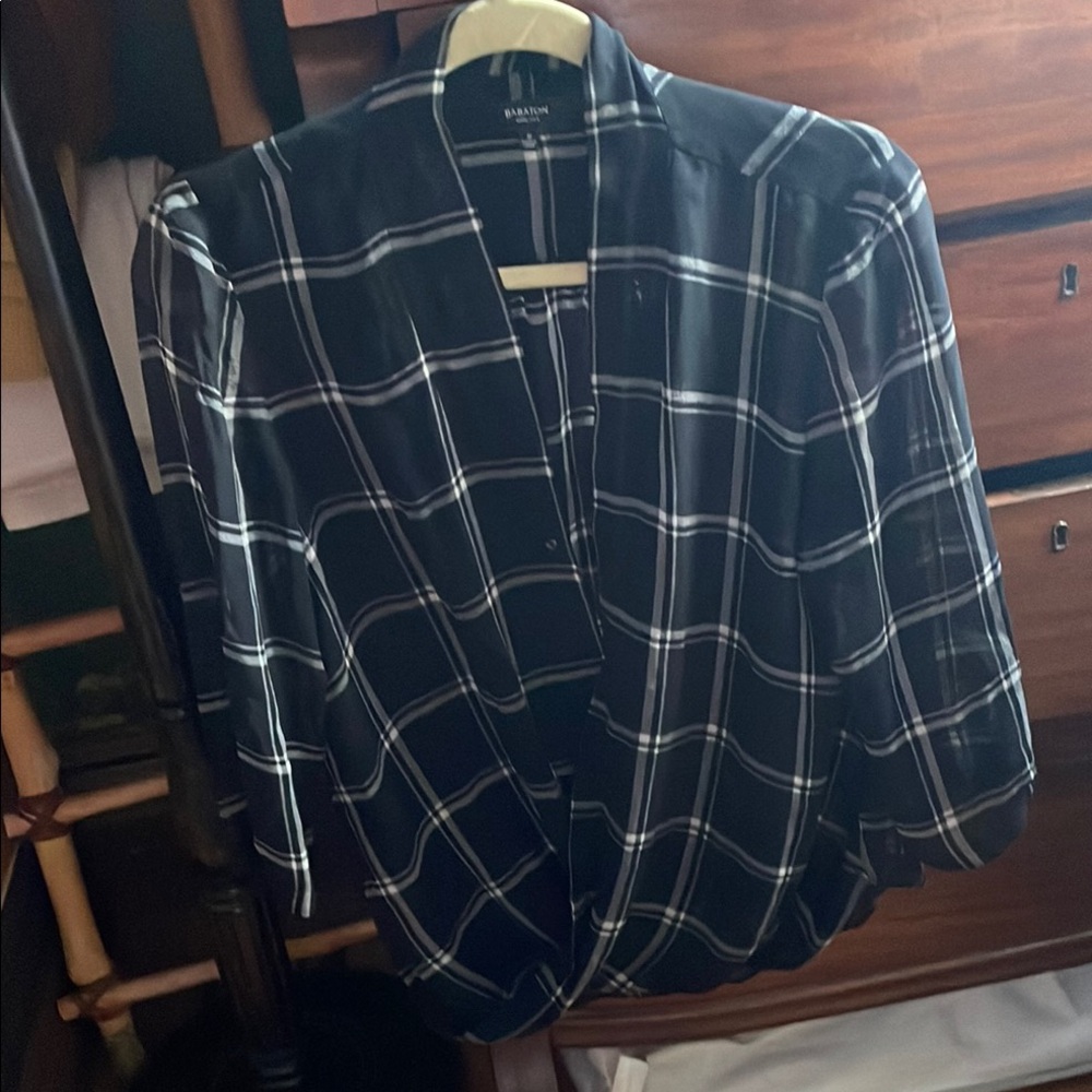 Babaton Silk Black and White Plaid Blouse